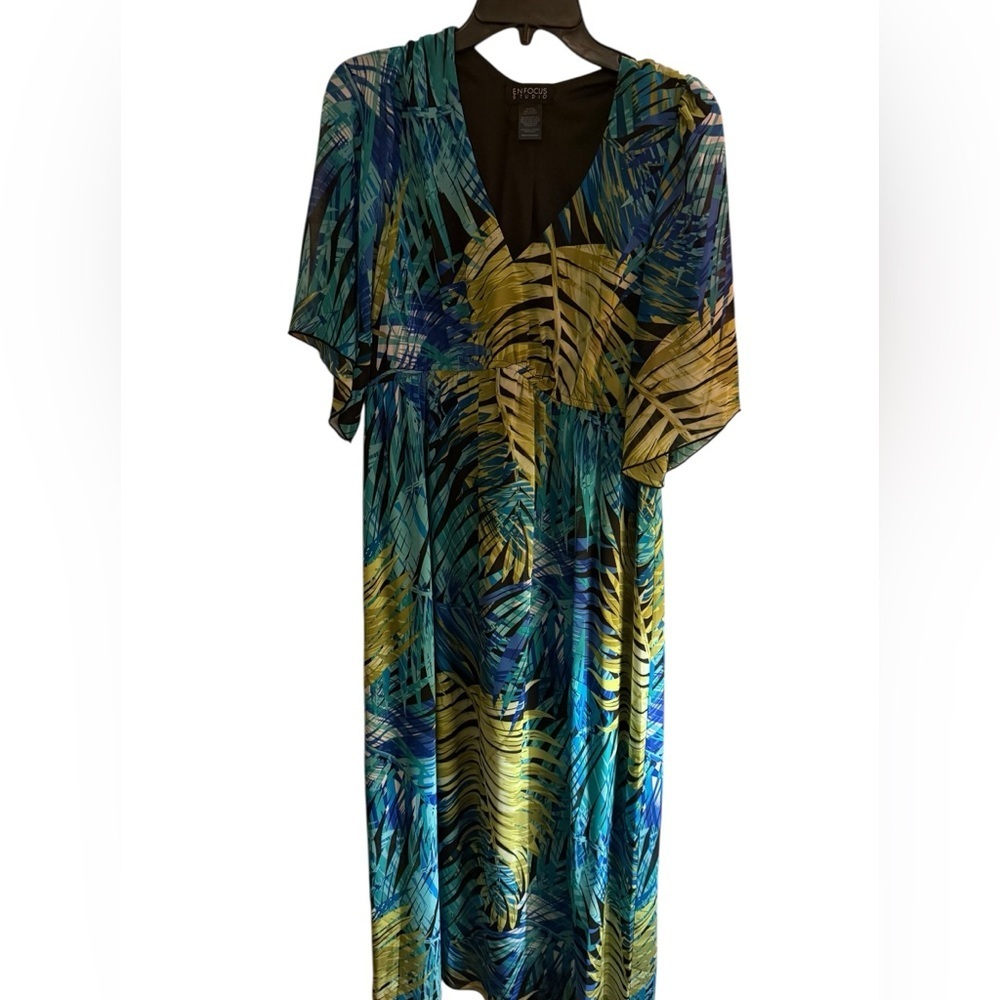 Enfocus Studio Tropical Leaf Dress Blue Green Flowy Midi Flutter Sleeve